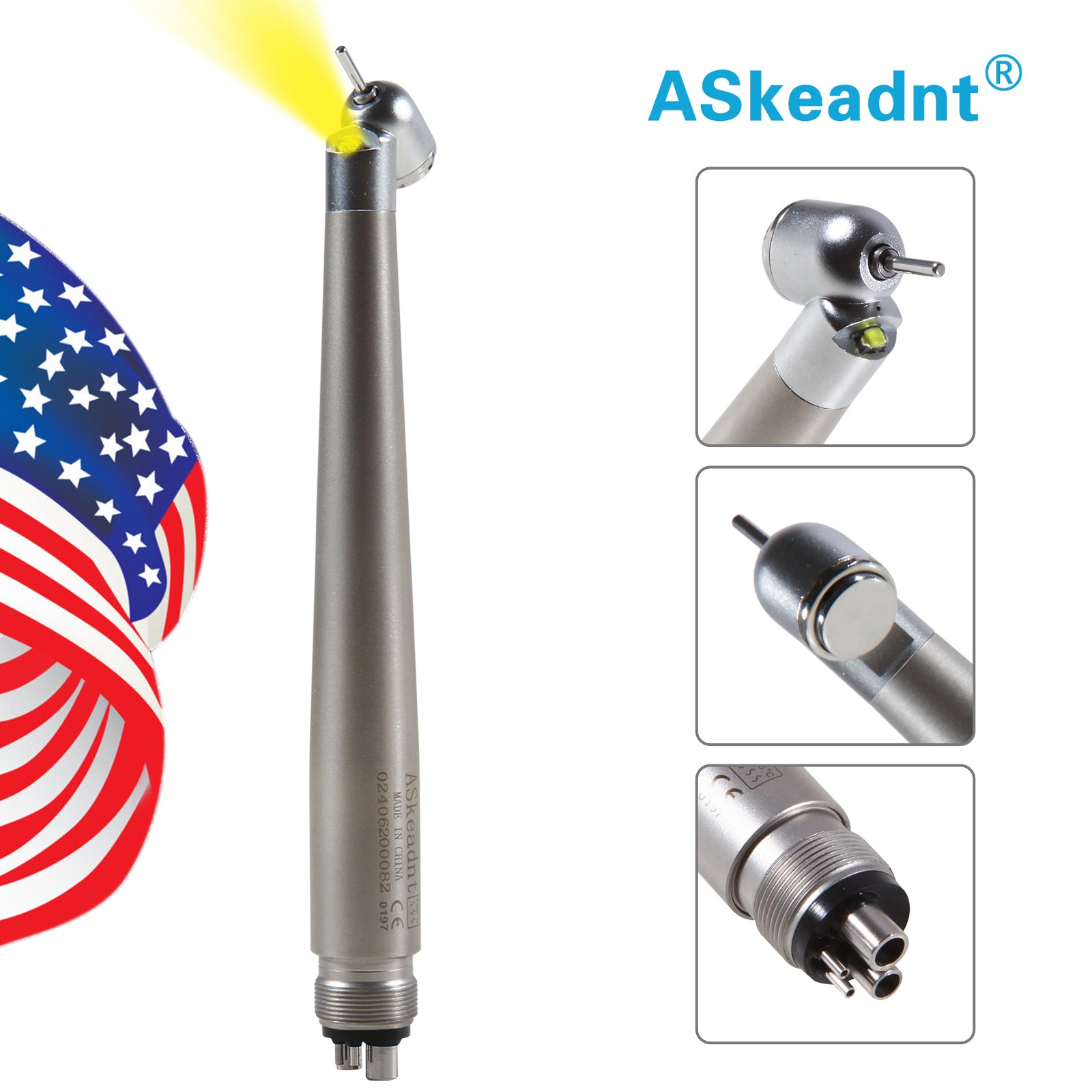 ASkeadnt Dental 45 Degree Surgical High Speed Handpiece Push Button LED 4 Holes
