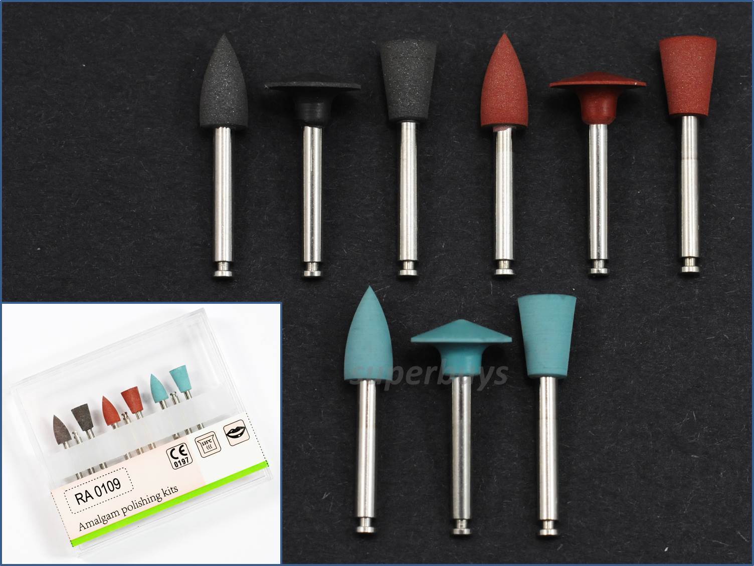 9pcs RA 0109 Silicone Dental Toboom Amalgam Polishing Kit Low Speed Burr Rubber