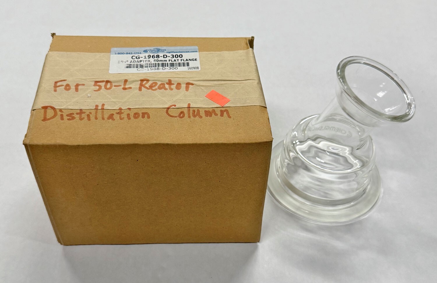 Chemglass CG-1968-D-300 160º Distillation Adapter 80mm Flange to Angled 65/40