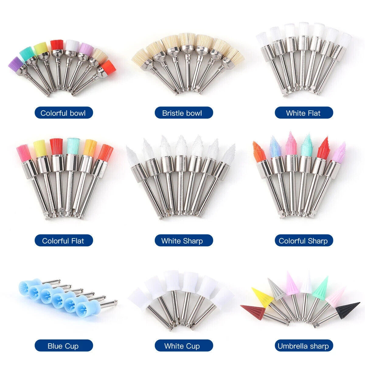 100 Pcs/Kit Dental Nylon Bristle Flat/Tapered Rubber RA Polishing Cups/Brushes