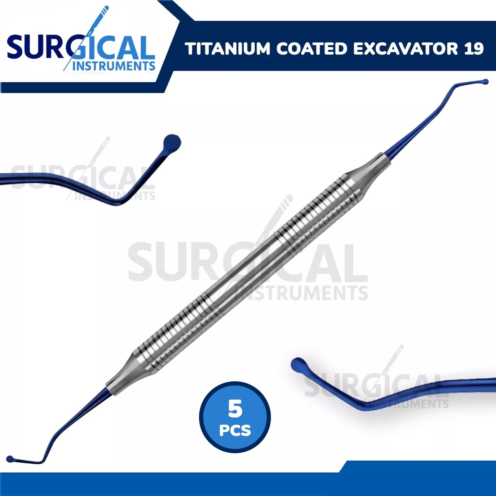 5 Pcs Double Ended Blue Titanium Coated Excavator #19 Oral Dental German Grade