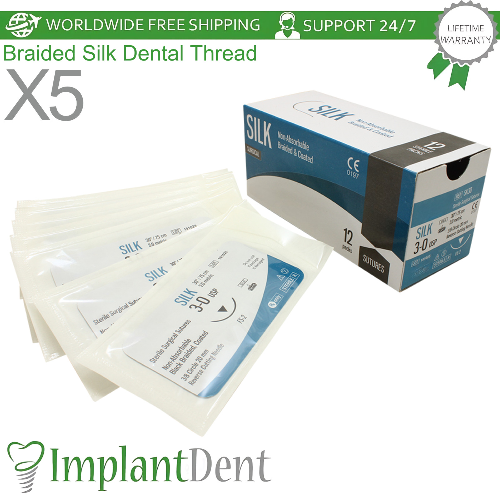 X5 Braided Silk Dental Thread Black Silicone 12pcs SteriIe Individual Packs