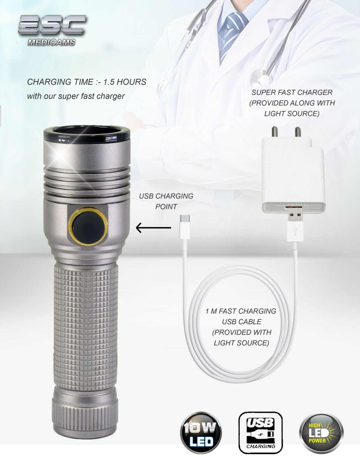 Portable Cold LED Light Source ENT Endoscopy Medical 10W Rigid Endoscope Camera