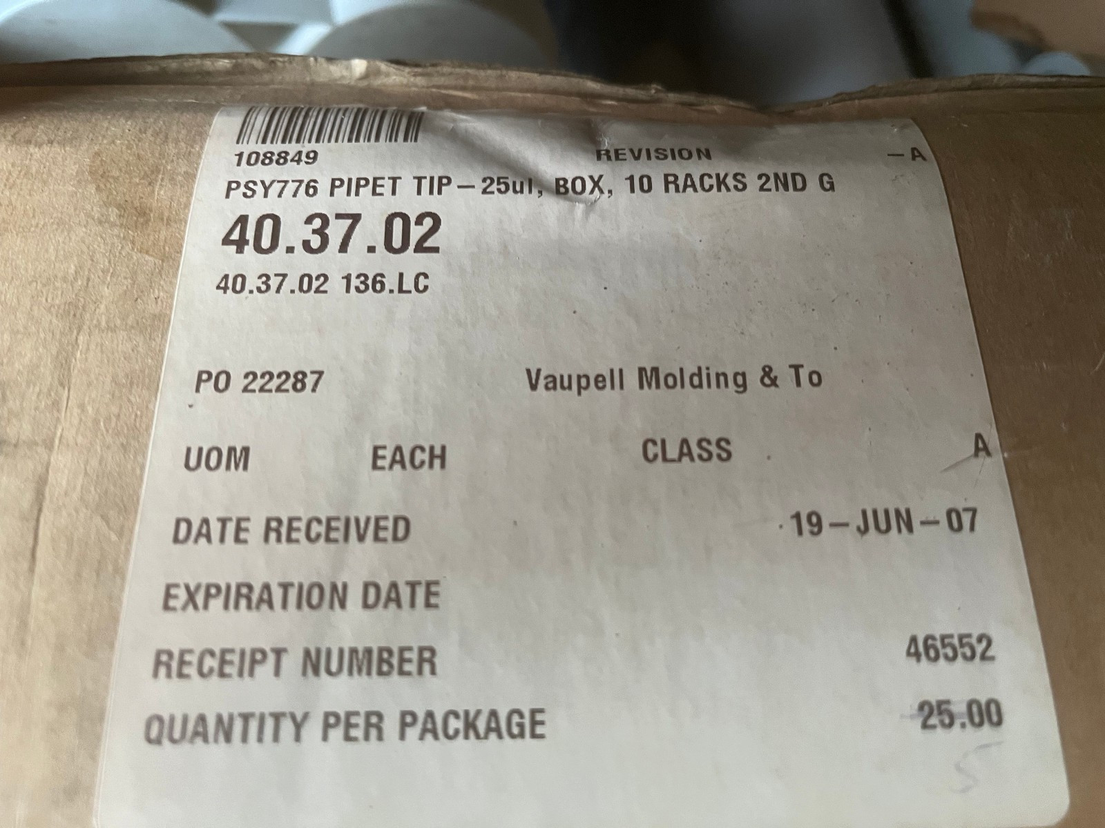 Pipet tips racked 25ul 25 ul 4000 tips per pack 40.37.02 46552 PSY776 10 rack
