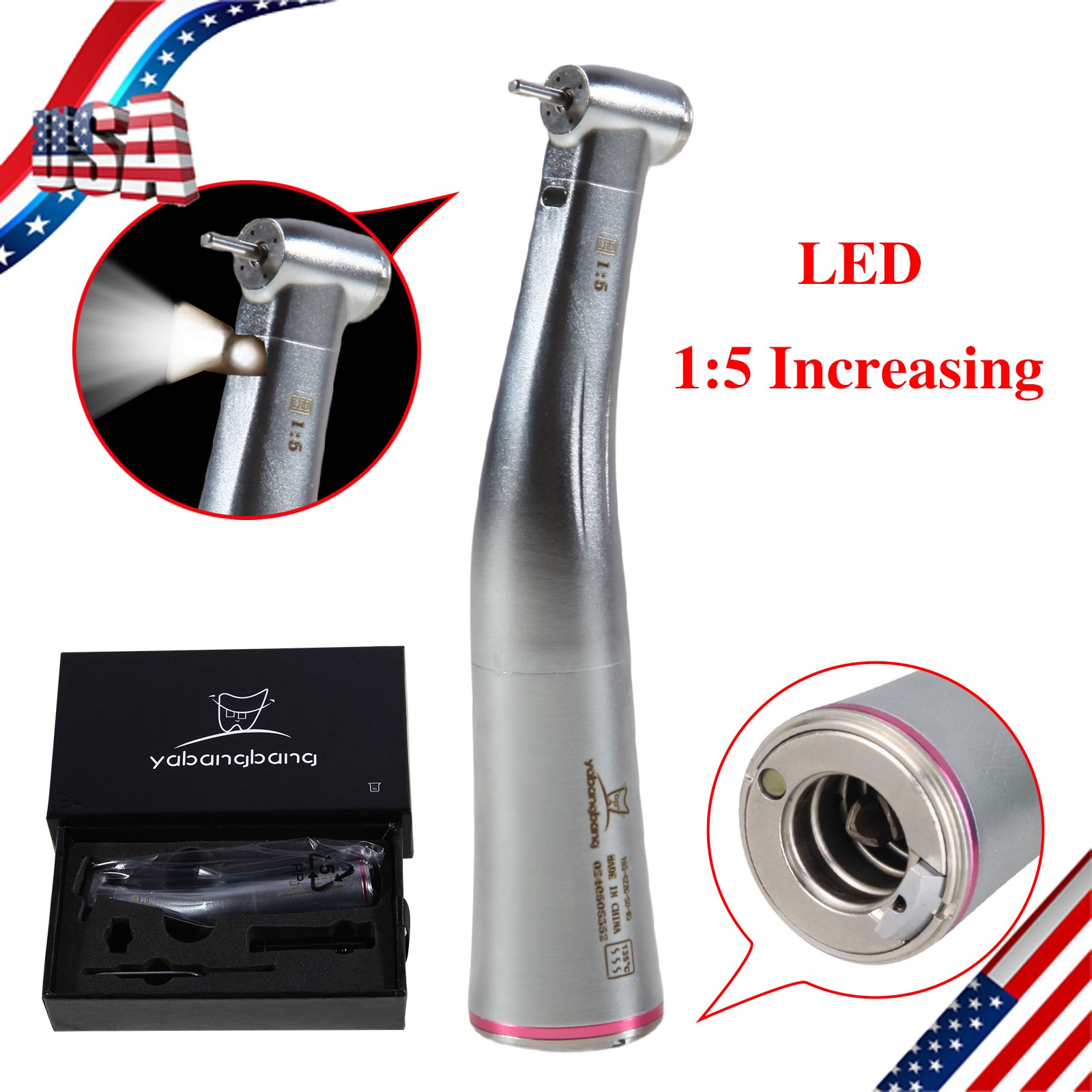 NSK Ti-MAX X95L Style Dental 1:5 LED Fiber Optic Contra Angle Handpiece Red Ring