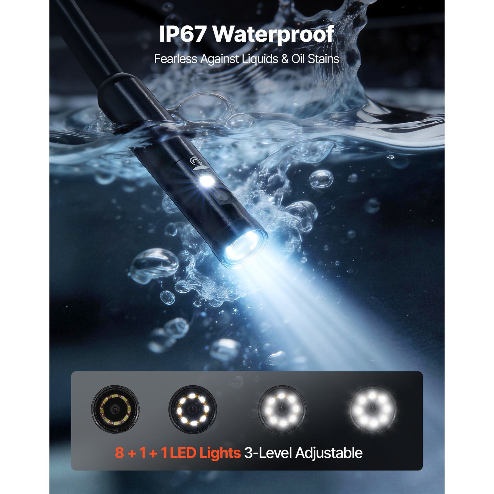 IP67 Borescope: Triple Lens, 4.5″ HD IPS, 8X Zoom, 16.4ft Rigid, Oil-Resistant