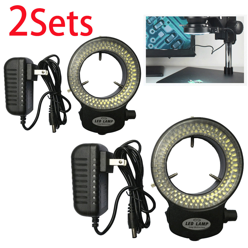 2pc 144 LED Bulb Microscope Ring Light Illuminator Lamp US Plug Adjustable Black