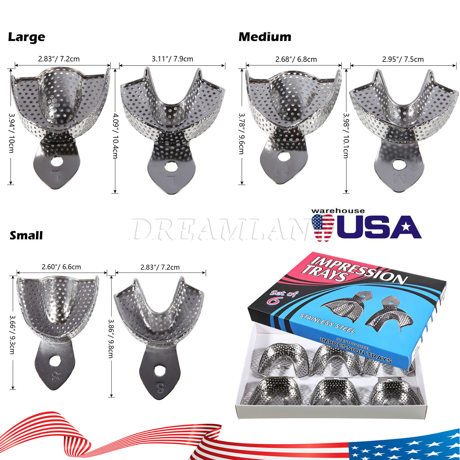 6 Pcs Perforated Metal Dental Impression Trays Set Edentulous Instruments CE