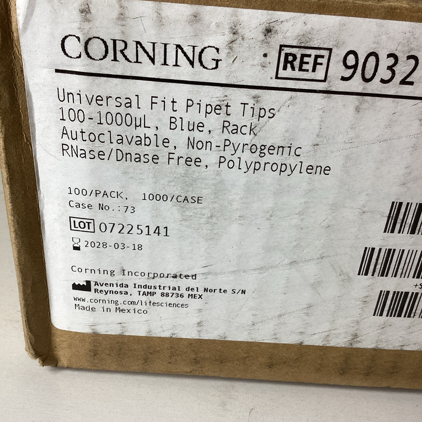 CORNING 9032 100-1000uL Universal Fit Pipet Tips 10x 100/Rack Blue Exp 03/2028