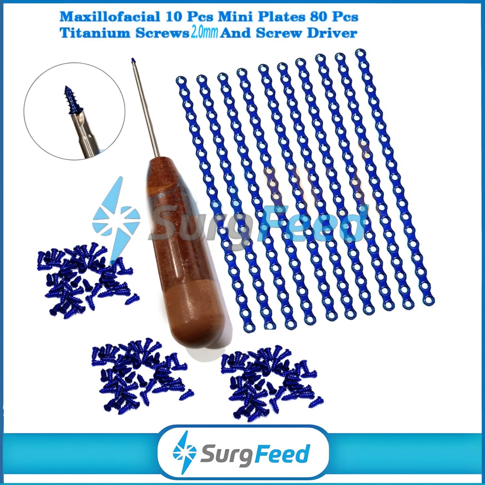 2.0mm Maxillofacial Mini Plates 10 Plates & 80 Pcs Titanium Screws & Screwdriver
