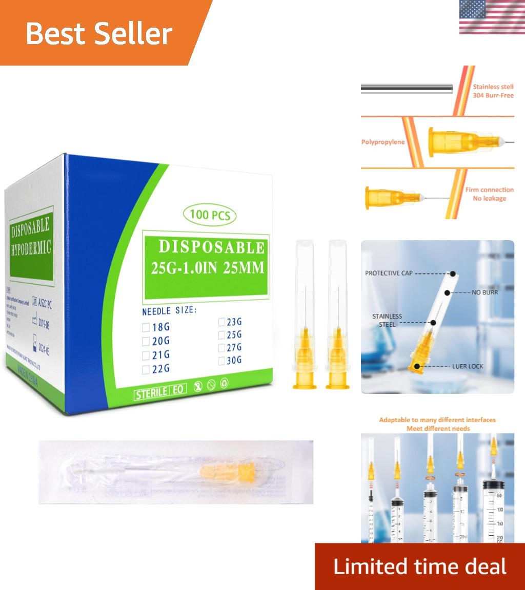 Durable 100 Pack 25 Ga Stainless Steel Dispensing Needles, Individually Packaged