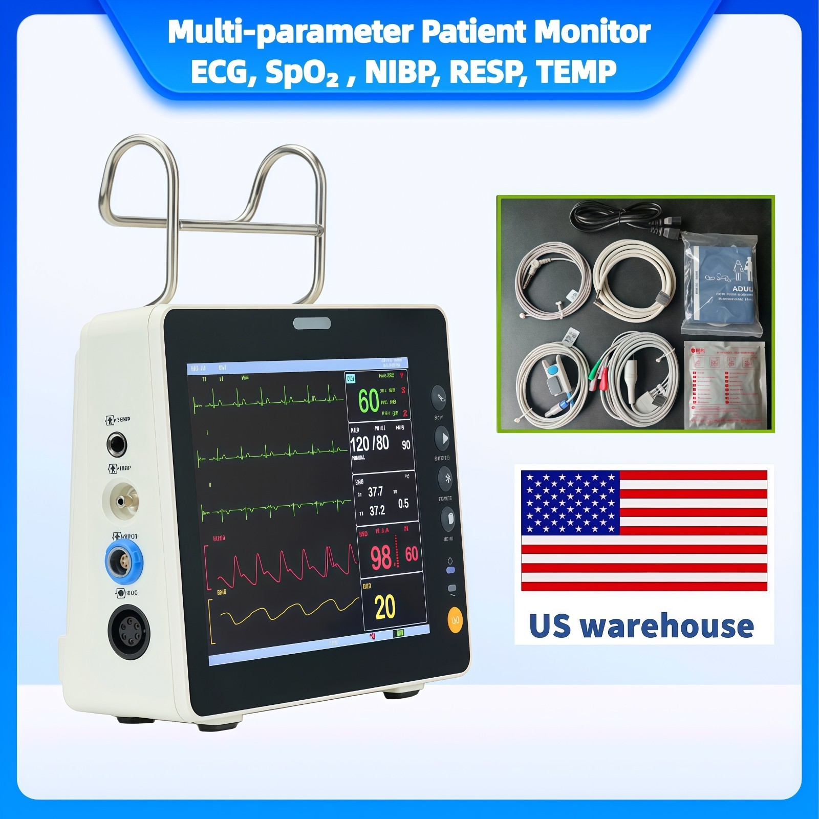 US Warehouse 8″ Screen Portable Multi-parameter Vital Signs Patient Monitor