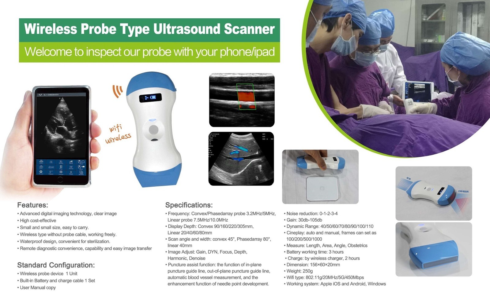 128 Elements 3 in 1 Wireless Color Doppler Wifi Ultrasound Probe Convex Linear