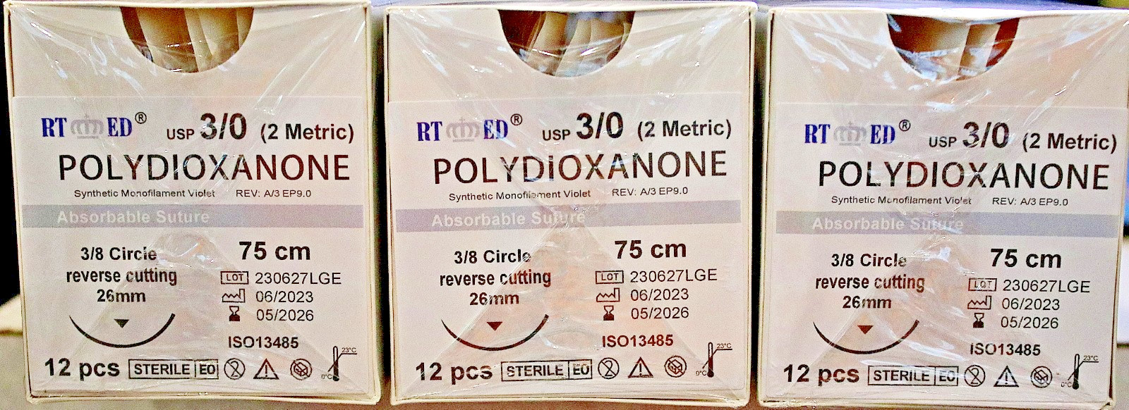 PDO/PDS Sutures SIZE 3-0, 75cm w/ 3/8 circle 26mm cutting needle Human/Vet 3 DOZ