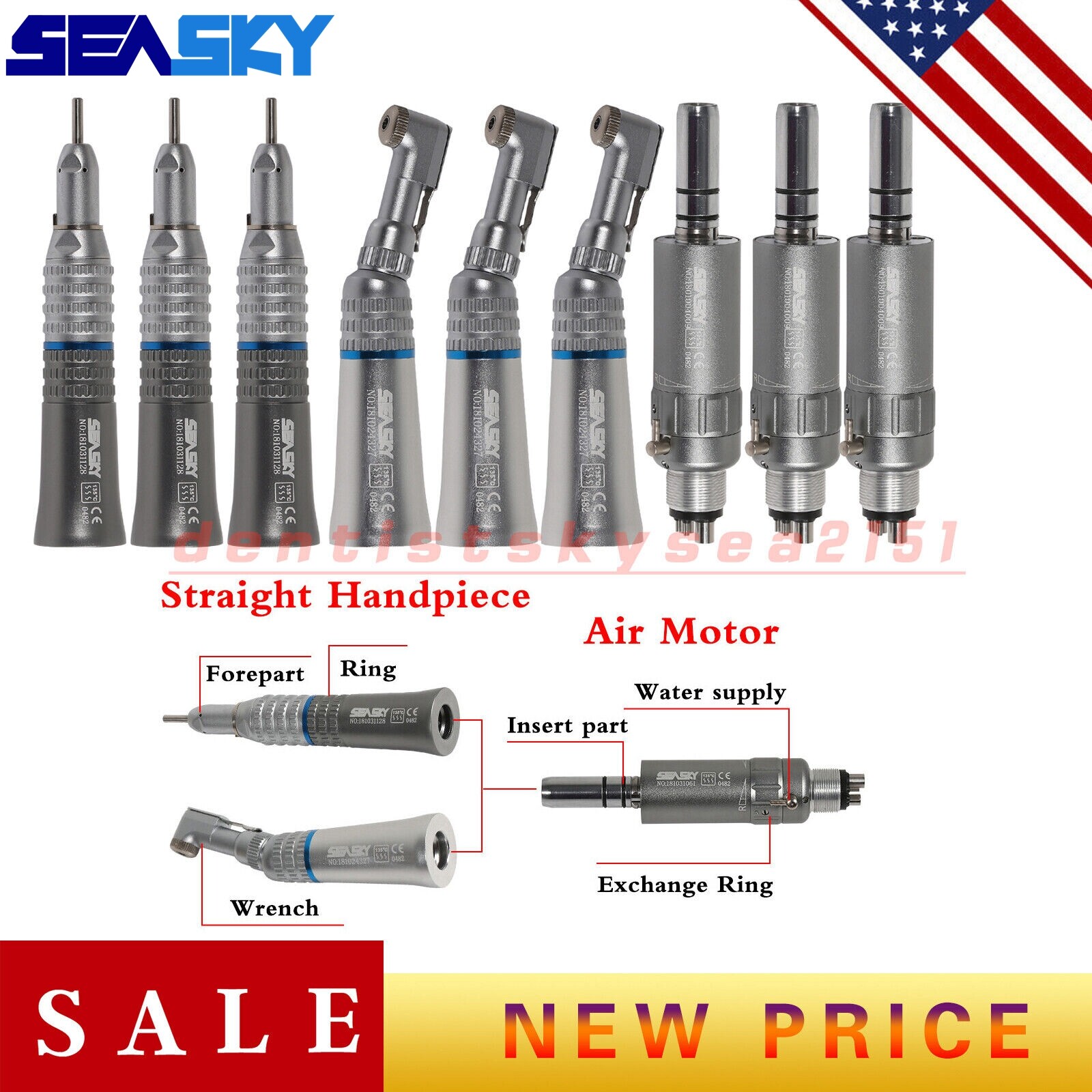 SEASKY Dental Slow Low Speed Handpiece Straight Contra Angle Air Motor 4/2Holes