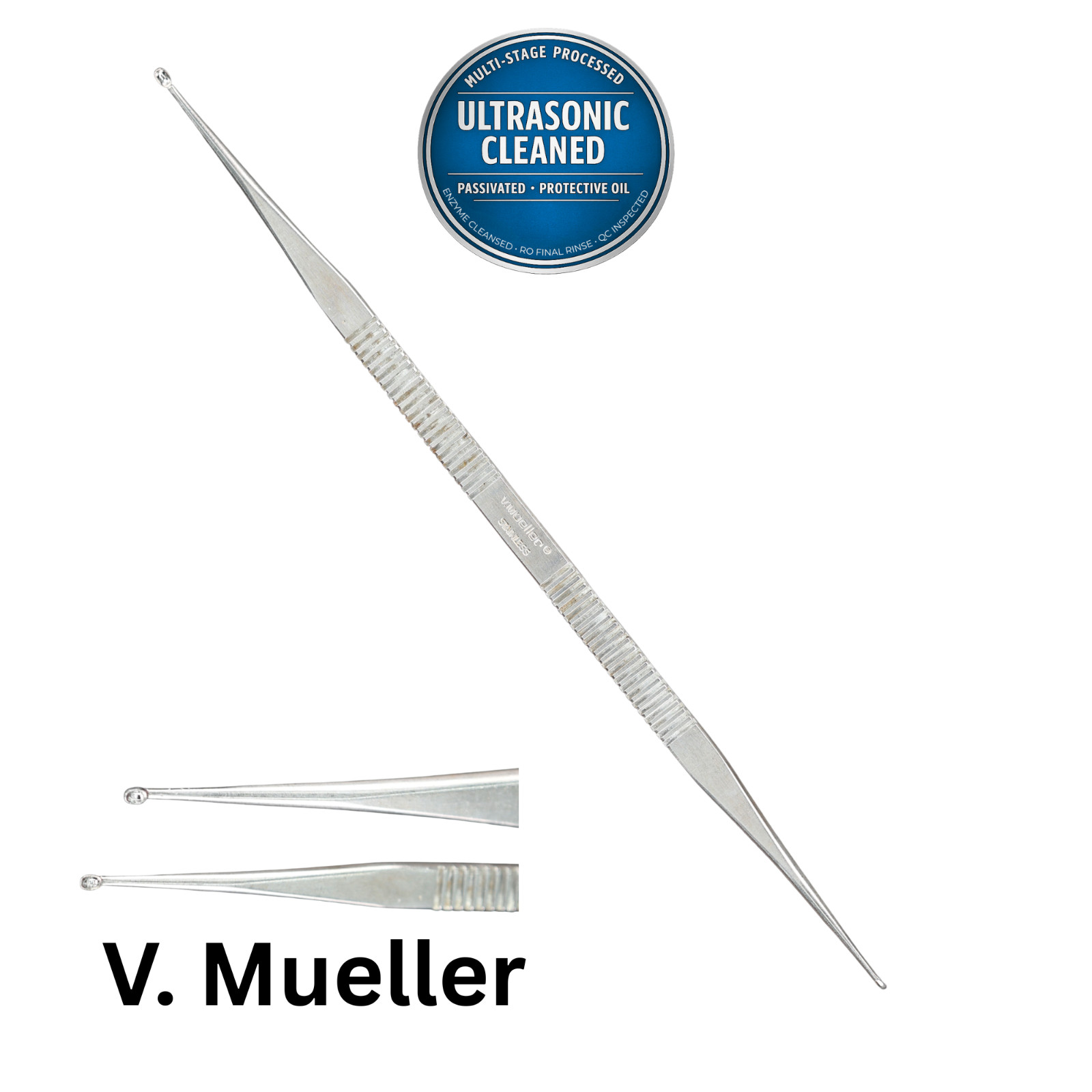 V Mueller AU-12450 Stapes Curette House, DBL 1.7x3mm & 1.9x3mm Cup, 182 mm