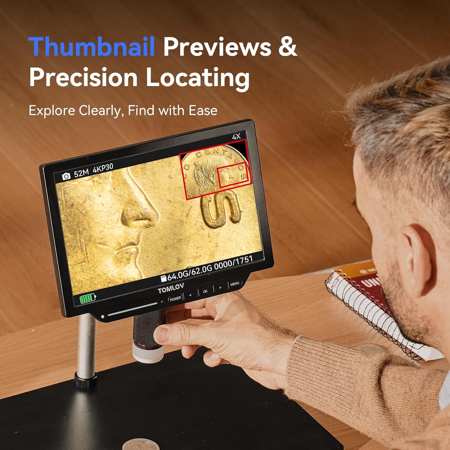 TOMLOV 4K Soldering Digital Coin Microscope 2000X 10.1” 52MP & Spin Arm Stand