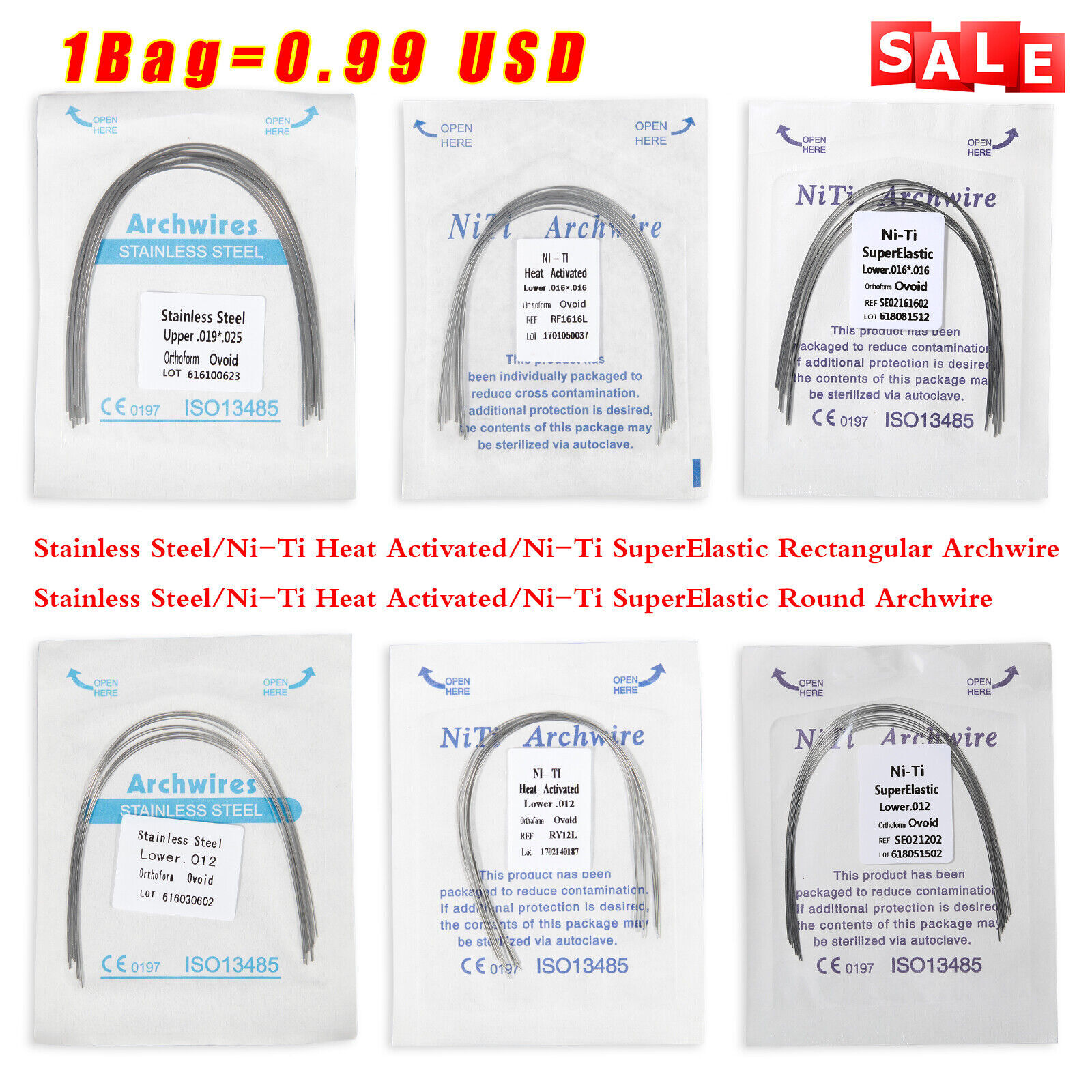 Dental Orthodontic Arch Wire Super Elastic Niti/SS Curve Round Rectangular Ovoid
