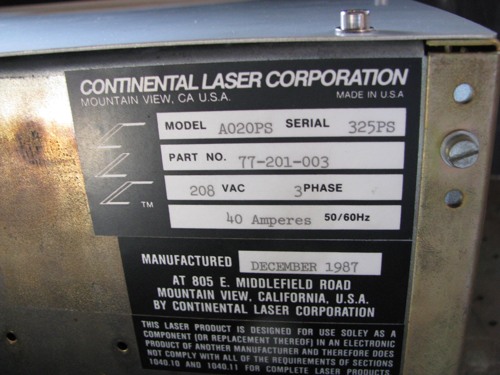 CONTINENTAL ARGON ION LASER POWER SUPPLY A020PS 208VAC/40Amp for A1020 SYSTEM