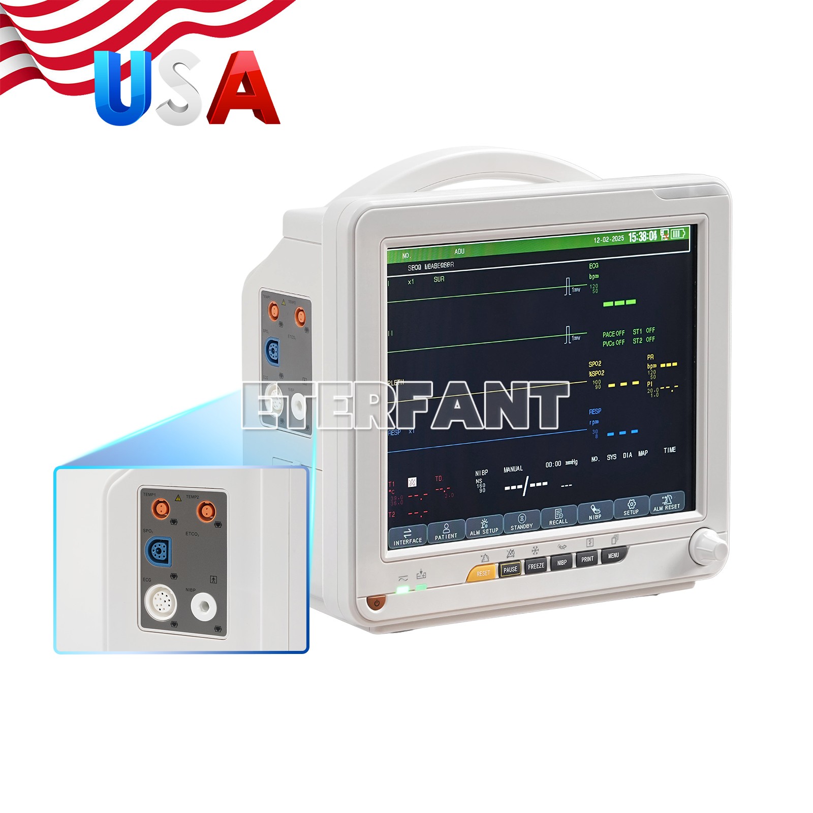 12-Inch Patient Vital Signs Monitor Multi-Parameter ECG/NIBP/TEMP/RESP/SPO2/PR