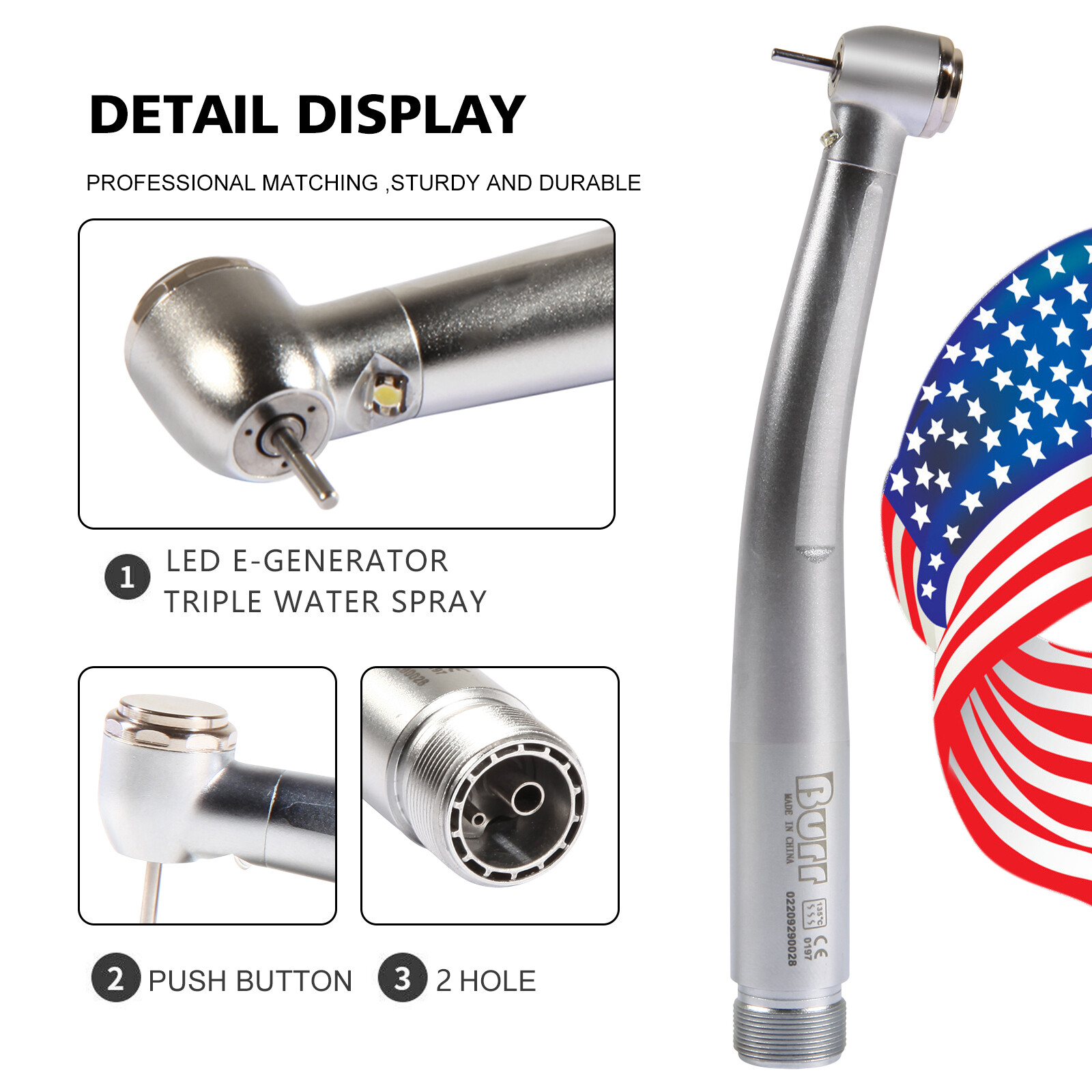 NSK Style Dental High Speed Handpiece Turbine LED 1/3 Spray Push Button 2/4 Hole