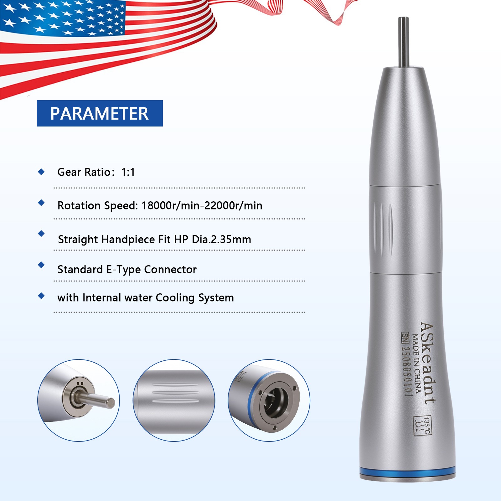 Internal Water Dental Slow Low Speed Handpiece Straight Nosecone 1:1 Ratio