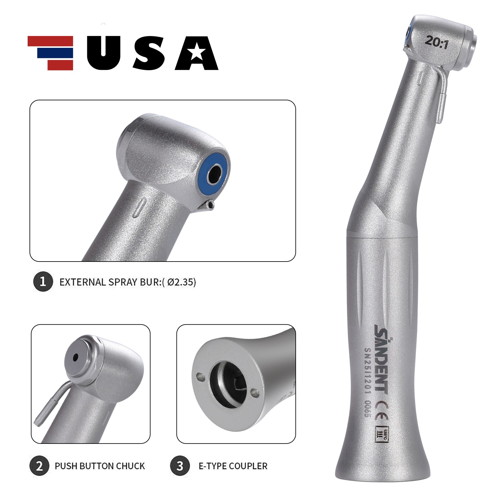 Dental Implant 20:1 Reduction Low Speed Contra Angle Handpiece Fit NSK E-type