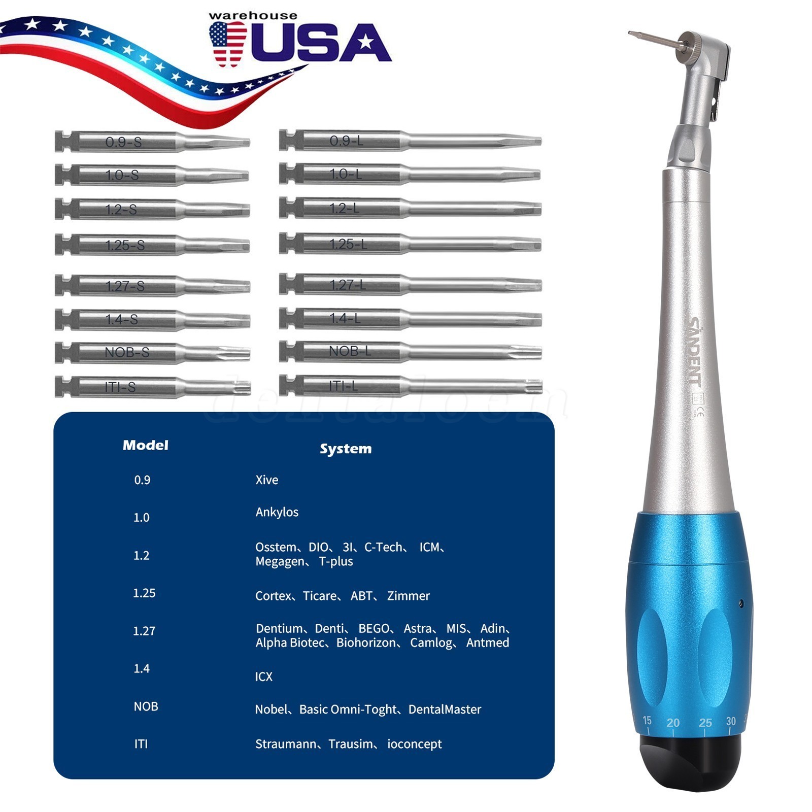 Dental Universal Implant Kit Torque Wrench Contra Angle & 16pcs Drivers Blue
