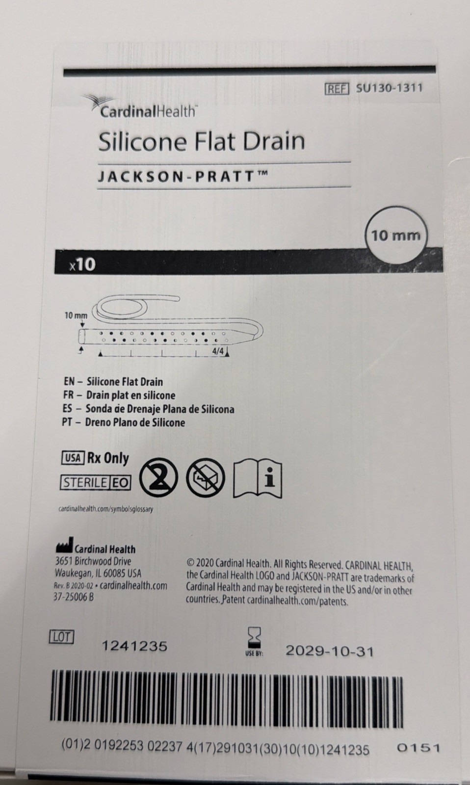 Cardinal Health Jackson-Pratt Silicon Flat Drain SU130-1311 Box Of 10(10mm)