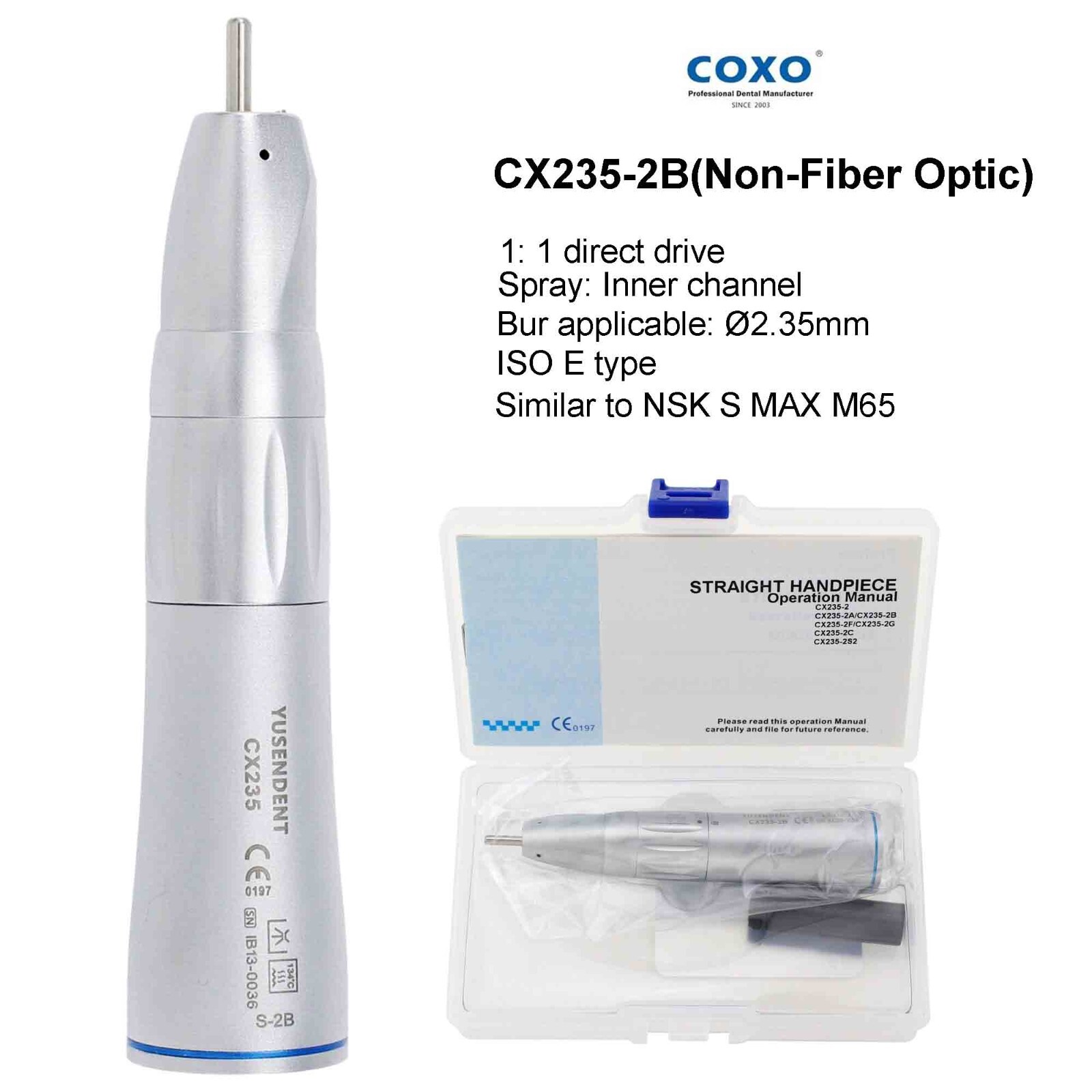 COXO Dental Inner Water Straight Handpiece Low Speed Nose Cone 1:1 CX235-2B NSK