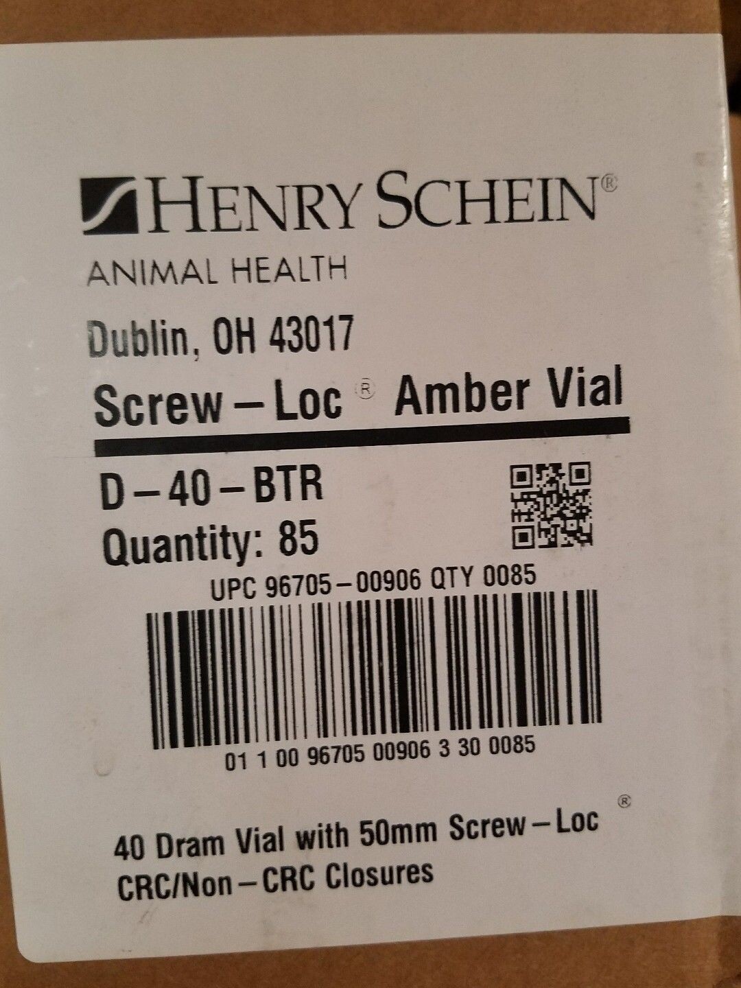 HENRY SCHEIN Prescription Vial-50mm CRC/NON-CRC CLOSURES-Amber-40 Dram-LOT OF 85