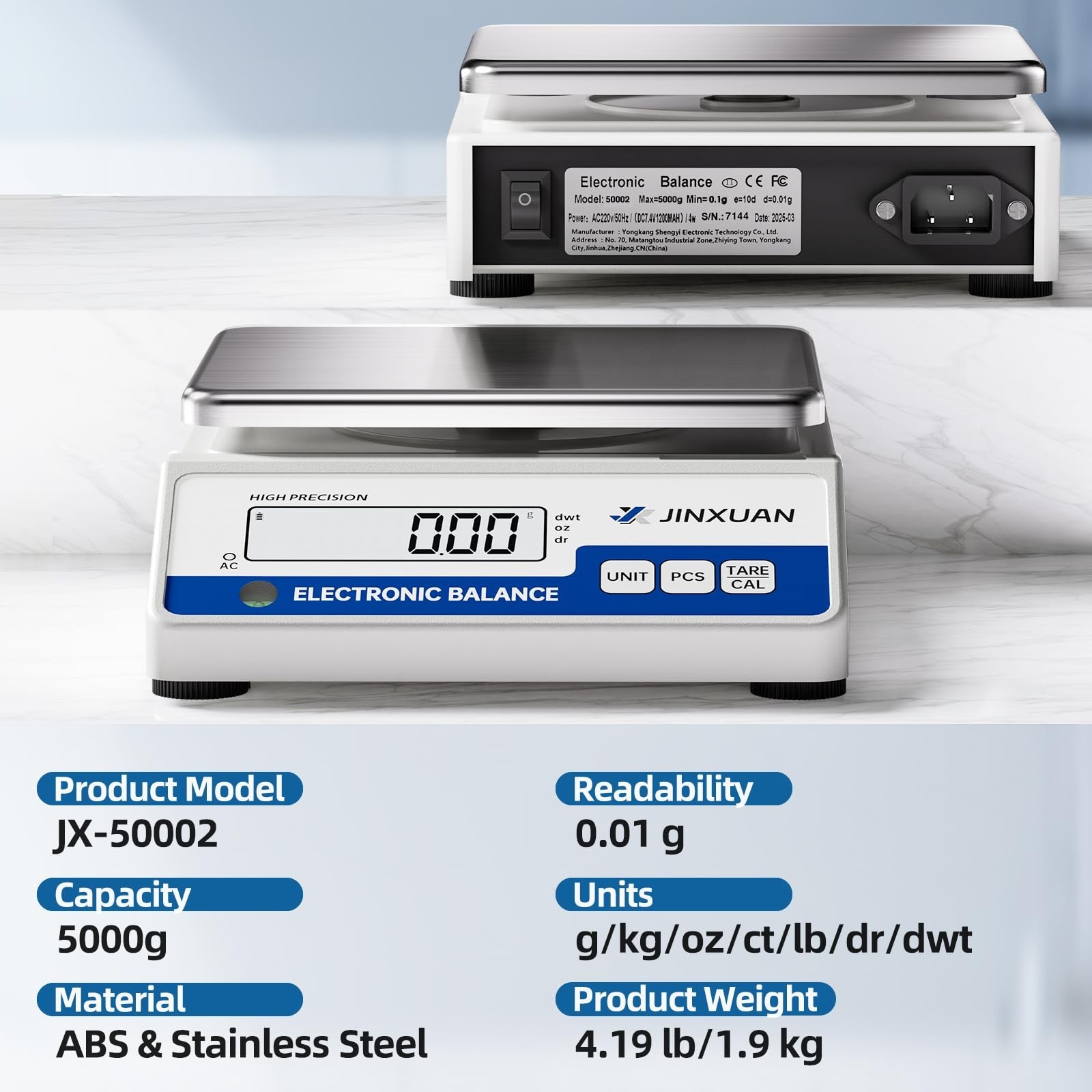 High Precision Digital Lab Scale 5000g, 0.01g Accuracy, LCD Display, 7 Units for