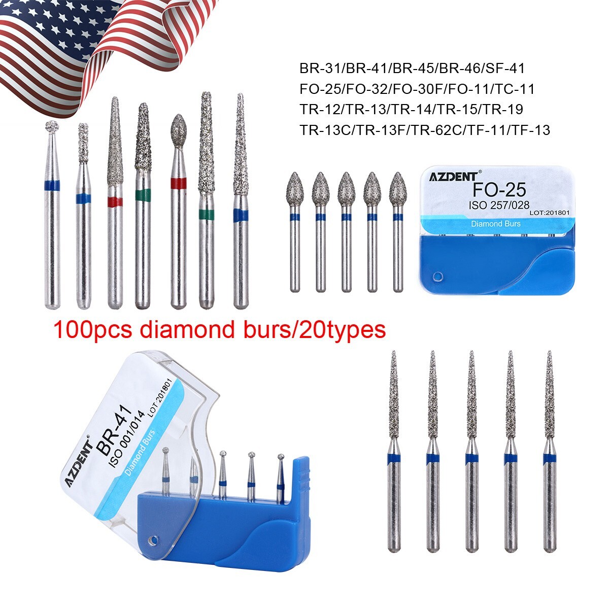100pcs Dental Diamond Friction Grip Burs for High Speed Handpiece Medium 1.6mm