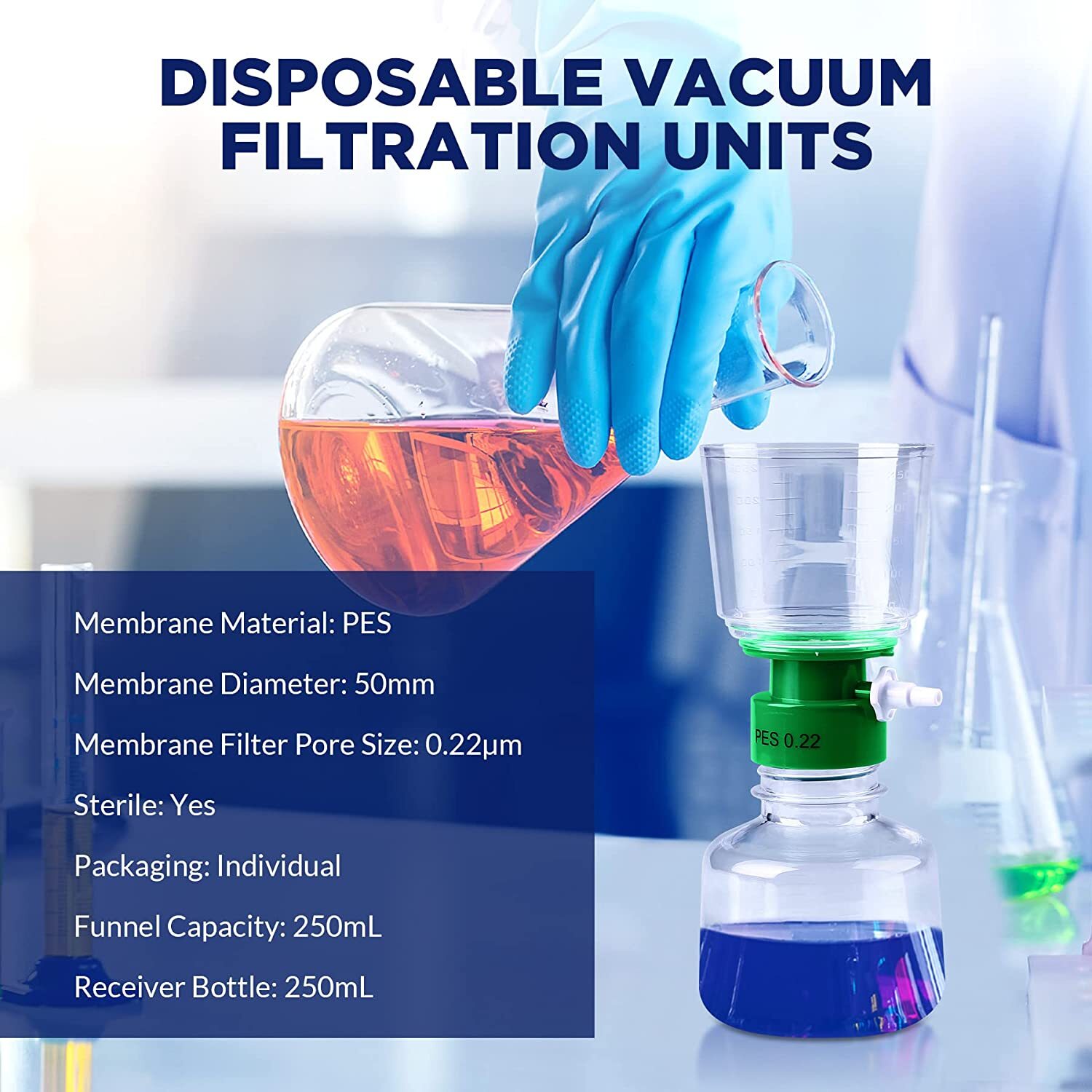 12PCS 250ml Sterile Vacuum Filter Bottle Units PES Membrane 0.22μm Disposable US