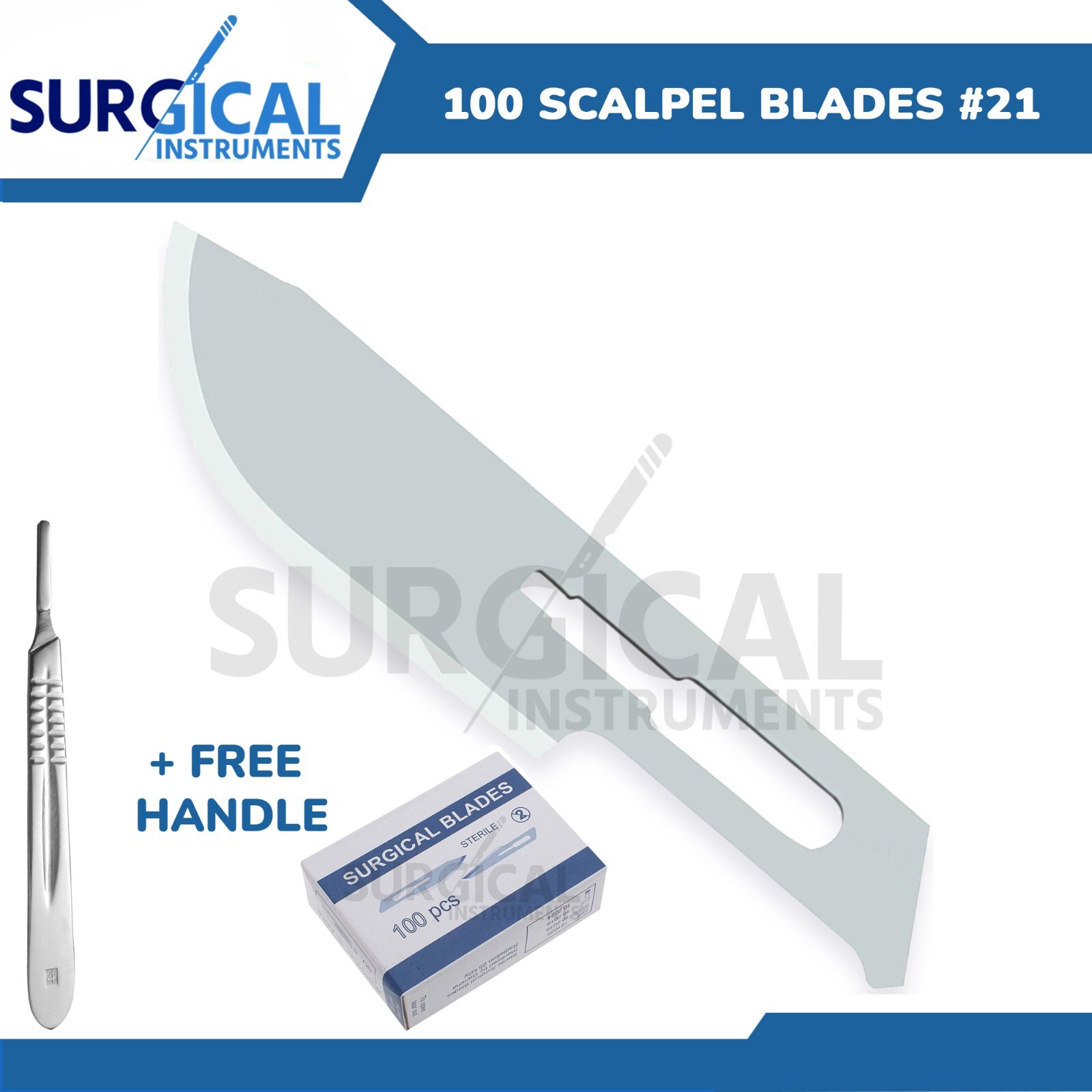 100 Scalpel Blades #21 Surgical Dental ENT Instruments with Free #4 BP Handle