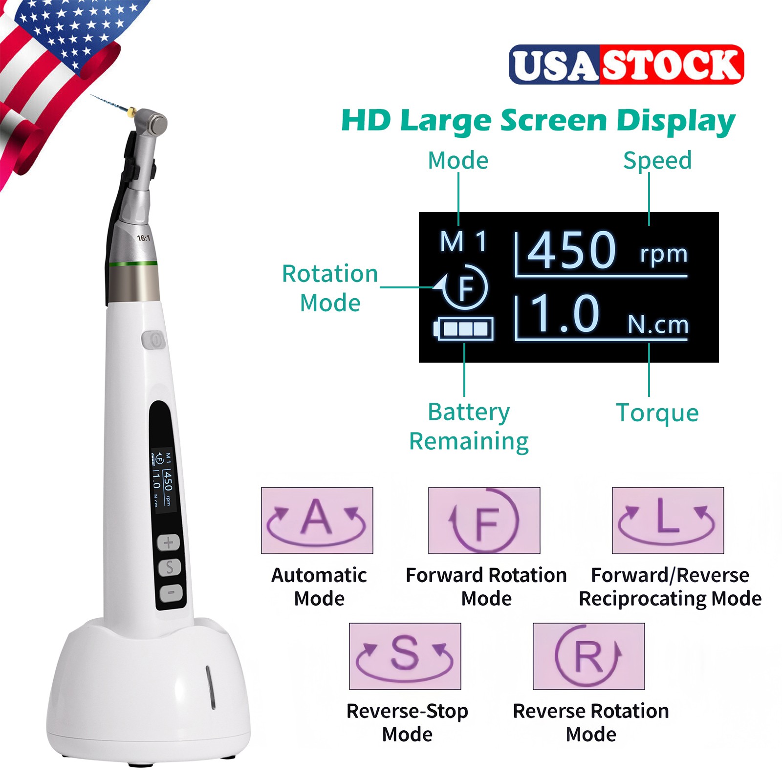 US LED Dental Endo Motor 16:1 Contra Angle Root Canal Treatment Y-smart
