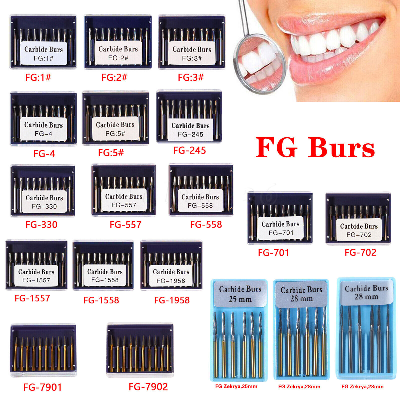 Carbide Bur, FG, #1/4, 1/2, 1, 2, 4, 6, 8 Bur, Round Dental