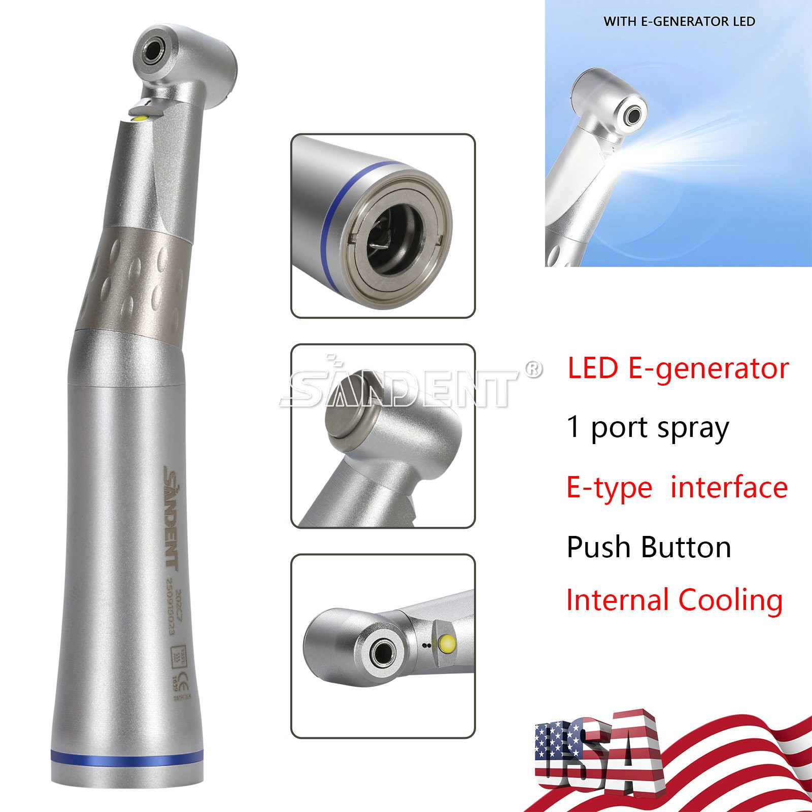 SANDENT 1:1 LED E-generator Fiber Optic Handpiece Contra Angle Inner Channel USA