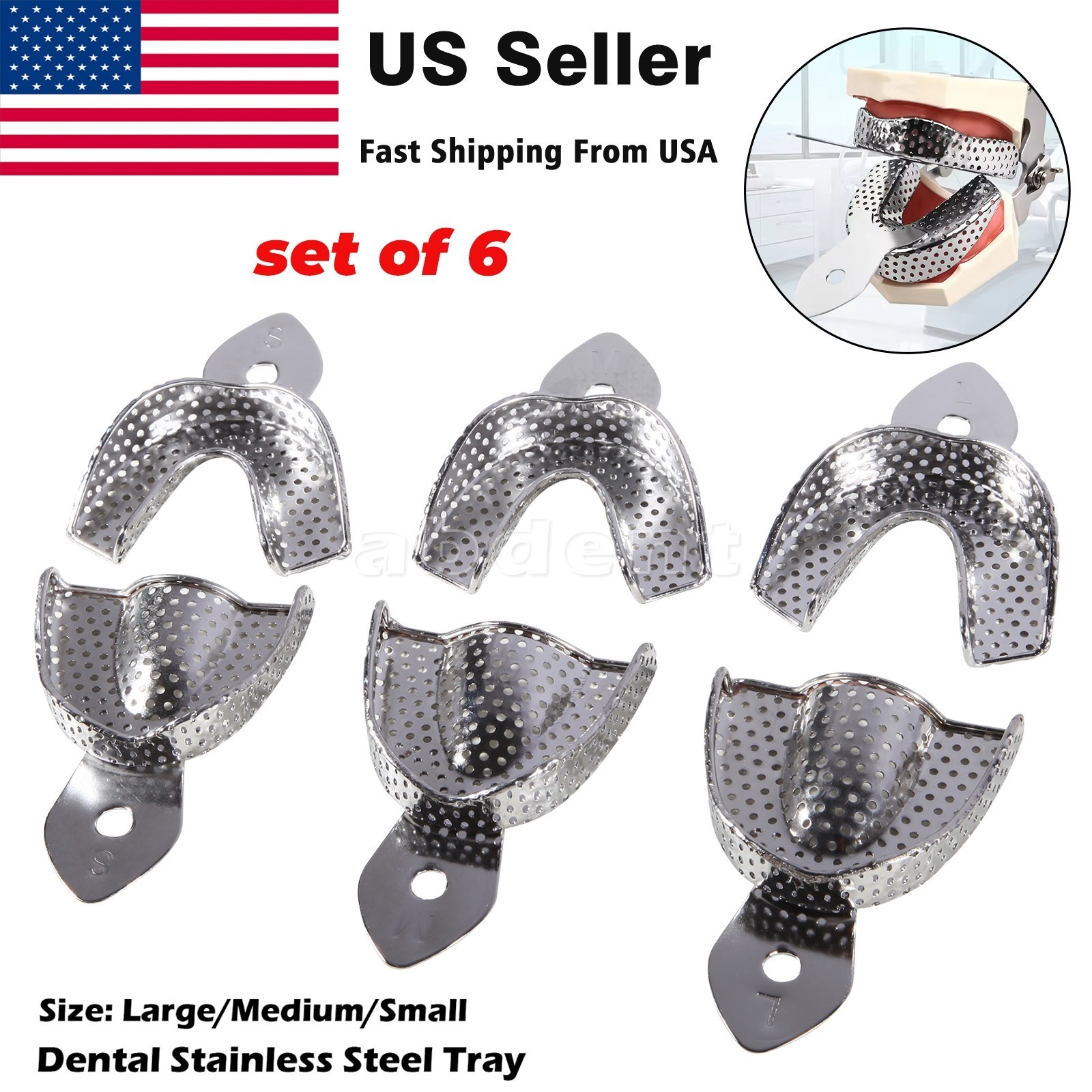 1-10pcs Dental STAINLESS STEEL Autoclavable Impression Tray S/M/L Upper/Lower US