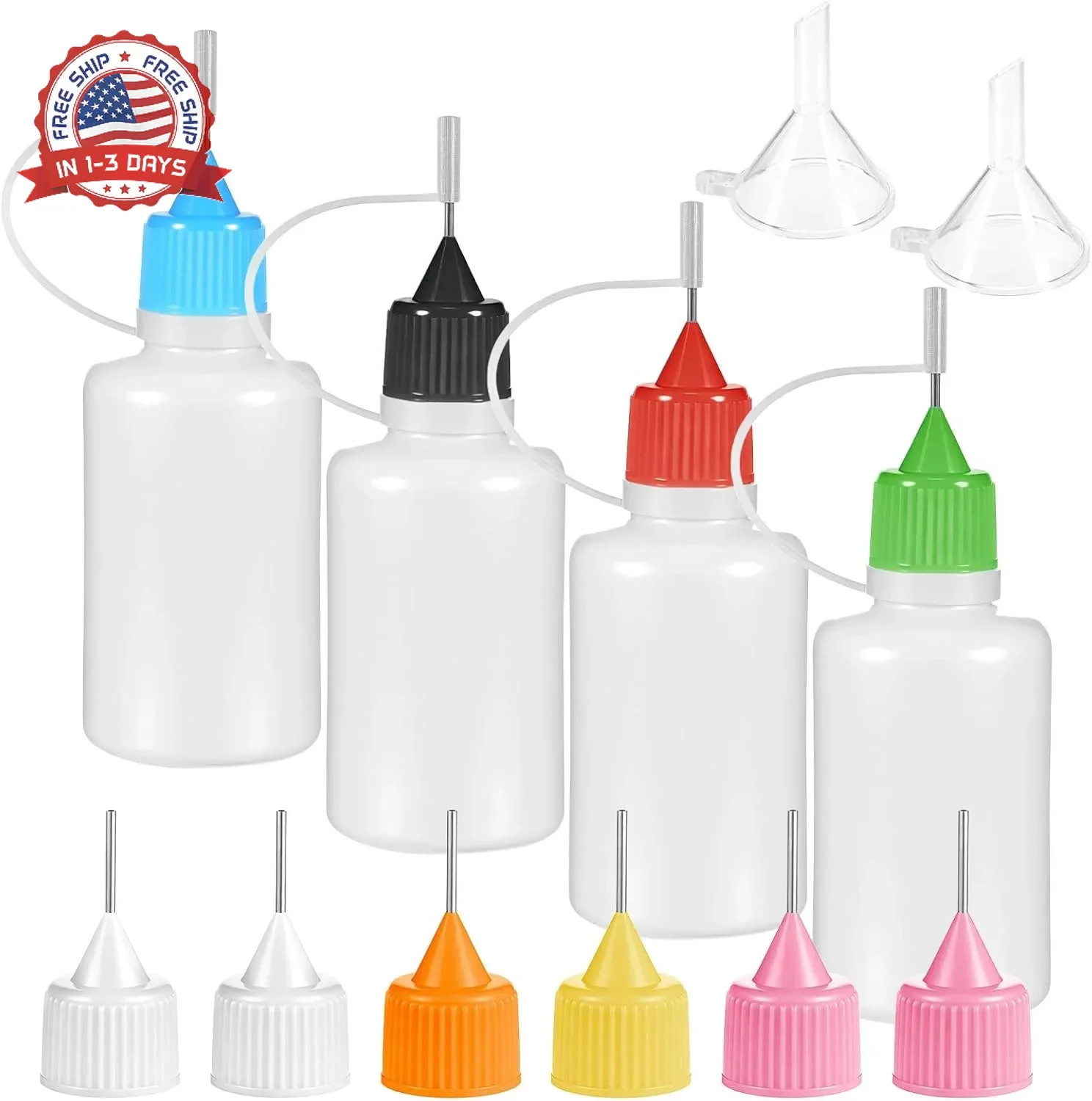4Pcs Precision Tip Applicator Bottle with 2 Funnel Multicolor Lids, 30ML/1 OZ Ne