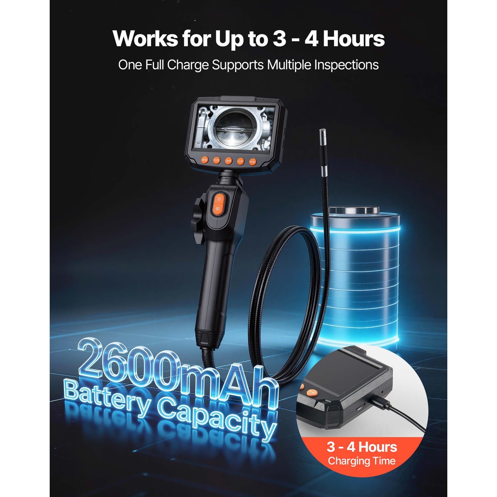 Articulating Borescope Camera, 4.3″ HD Screen, 1280×720, IP67 Waterproof, 4.9FT