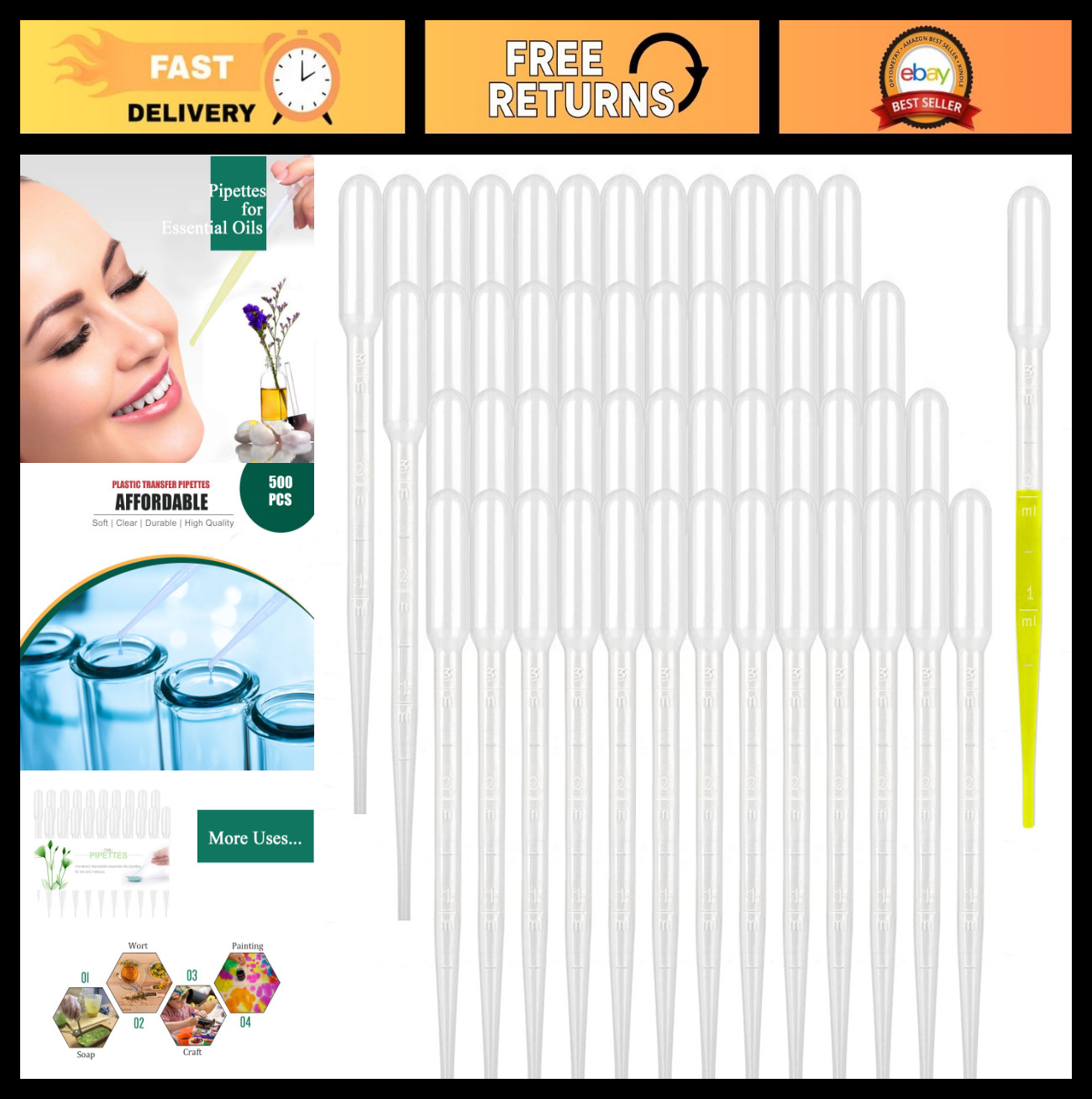 500PCS 3ML Disposable Plastic Dropper Pipettes for Essential Oils, Lab Use, DIY
