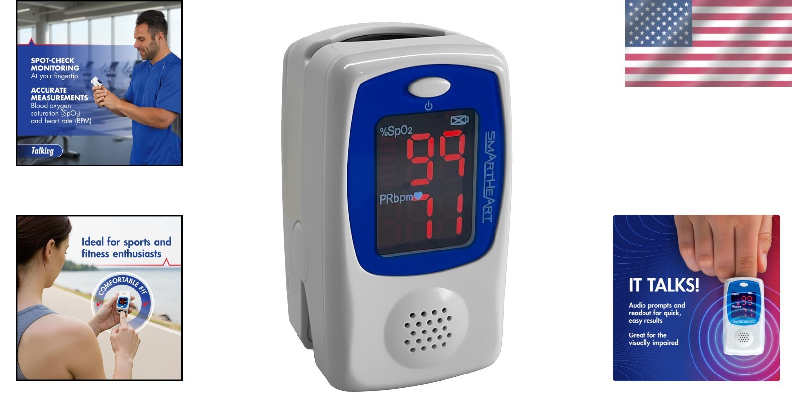 Portable Blue Fingertip Pulse Oximeter with Audible Alerts and Comfortable Fit