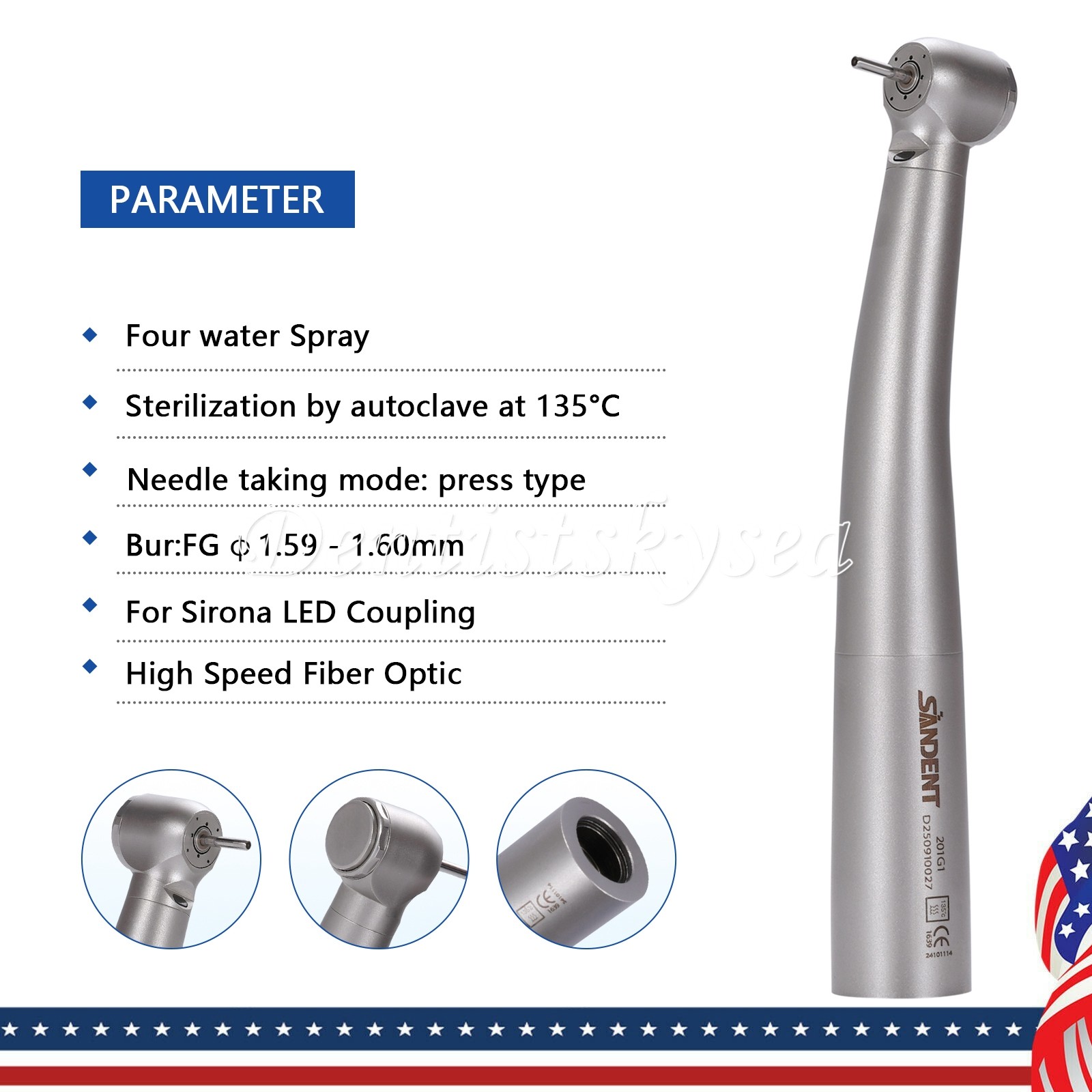 USA High Speed Handpiece Fiber Optic LED 4 way spray 4 air clean head Fit Sirona