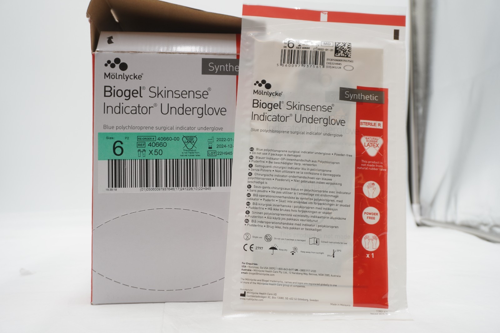 Molnlycke 40660 Biogel Skinsense Indicator Polychloroprene Gloves Box/50 Size 6
