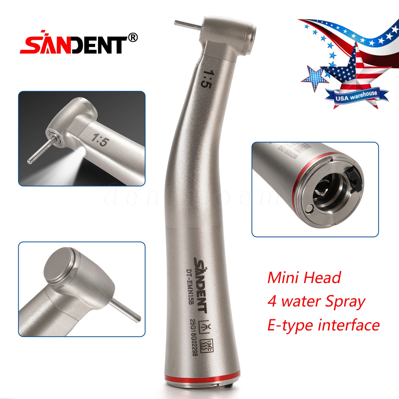 Mini Head Dental LED Fiber Optic 1:5 Contra Angle High Speed Handpiece