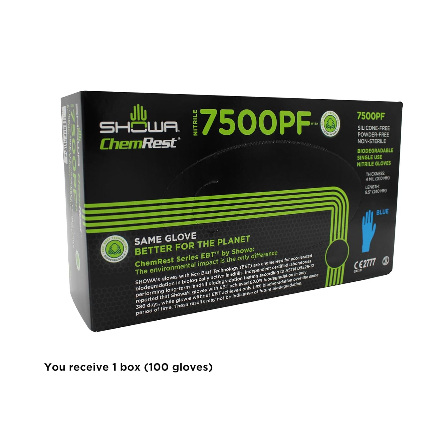 7500PF Biodegradable Powder-Free Disposable Nitrile Safety Glove, 4-Mil,