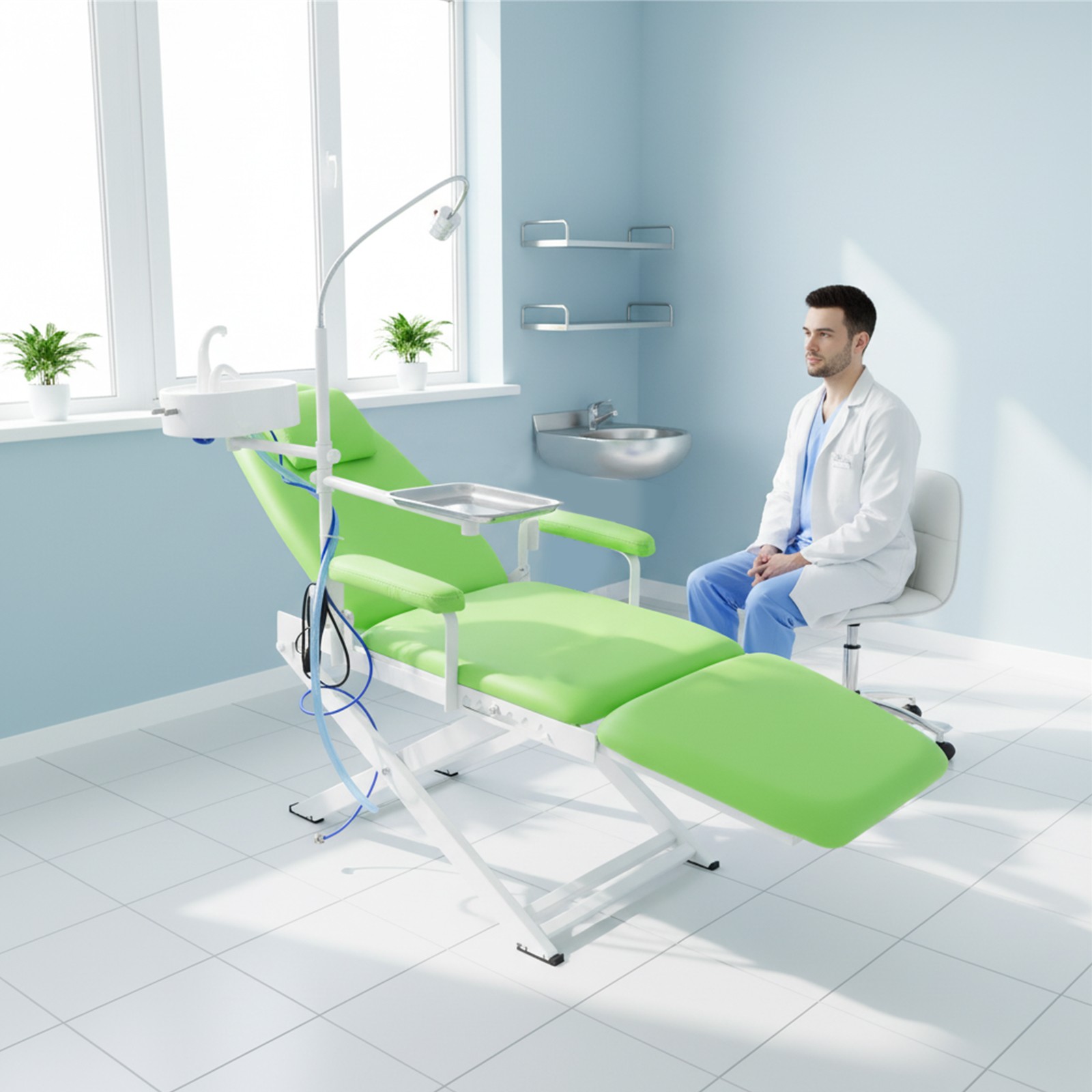 Portable Dental Mobile Folding Chair Air Turbine Unit + Rechargeable LED Light