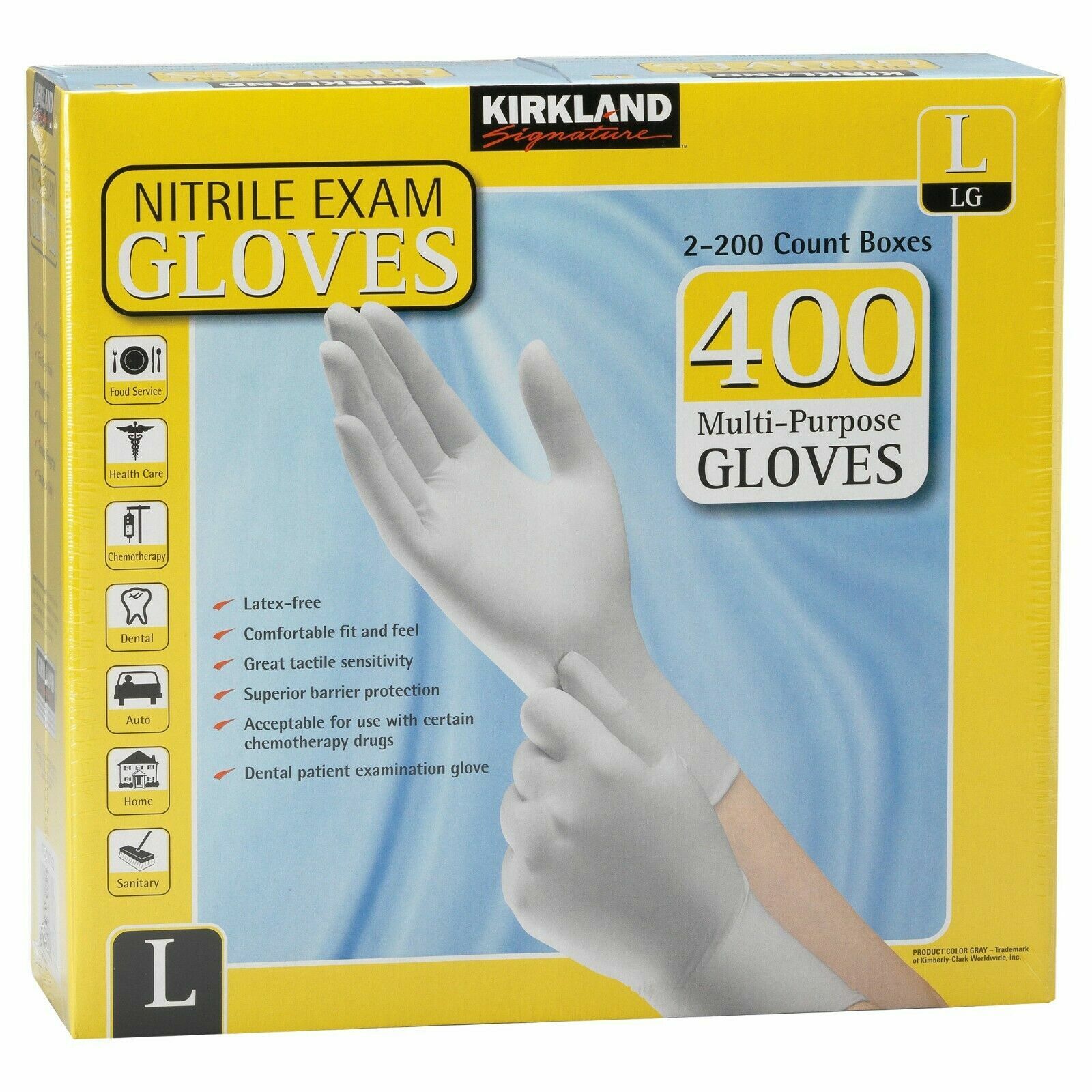 KIRKLAND Multipurpose Nitrile Exam GLOVES Powder Latex free LARGE 400 PCS