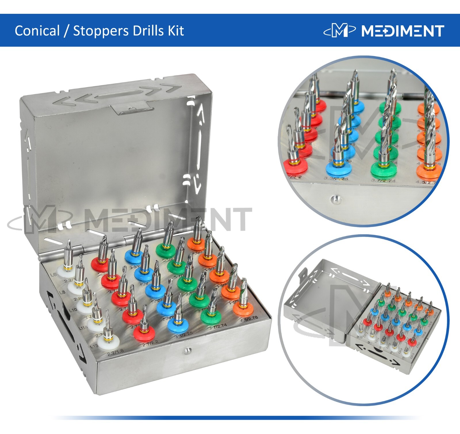 Dental Conical Drill Kit 25 Pcs With Stopper Implant Surgical Drills Kit
